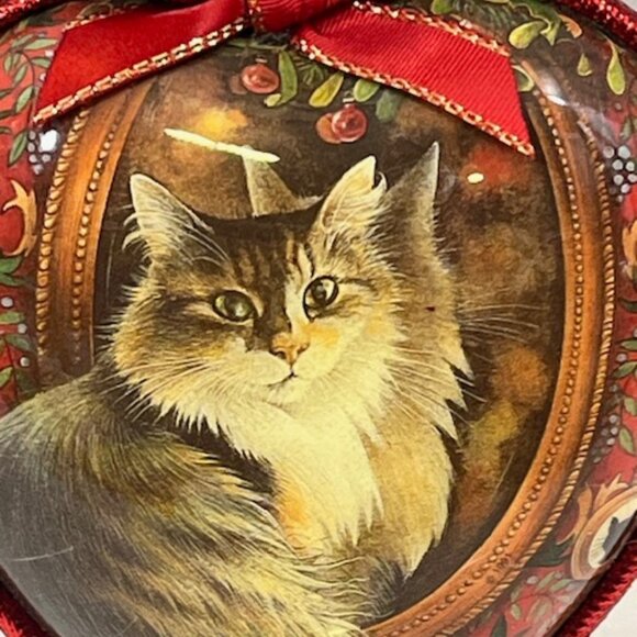 VTG Heart w/Tabby Cat in Mirror Double Sided Christmas Tree Ornament 3.75" - Picture 5 of 8